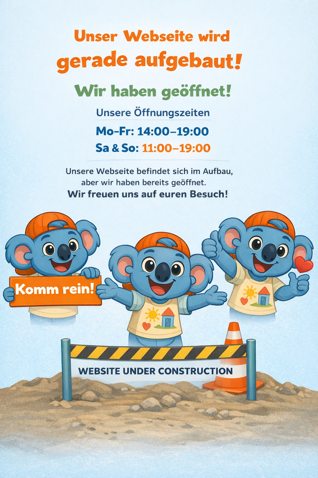 Kobi vor einer Baustellen-Webseite mit Einladung